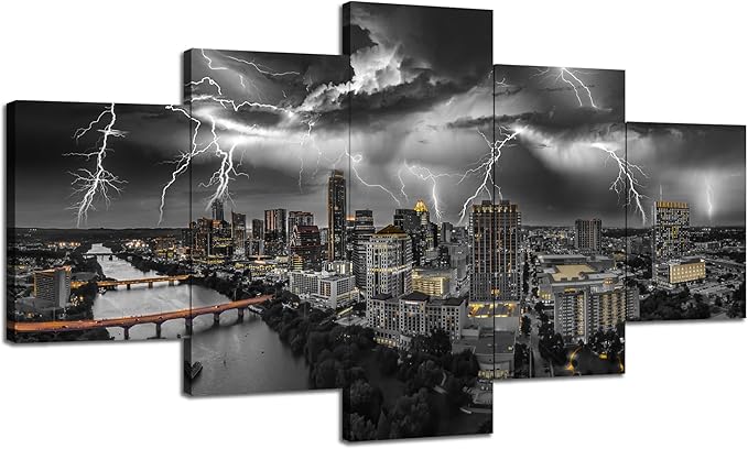 Cawpom Austin Wall Art Austin Texas Wall Decor Lightning Strikes Storm City Picture Austin Skyline Canvas Print Black and White Painting Poster Frame Home Living Room Bedroom Decoration(60x32 inches)