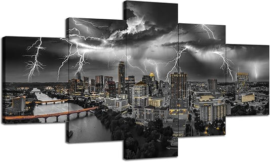 Cawpom Austin Wall Art Austin Texas Wall Decor Lightning Strikes Storm City Picture Austin Skyline Canvas Print Black and White Painting Poster Frame Home Living Room Bedroom Decoration(60x32 inches)