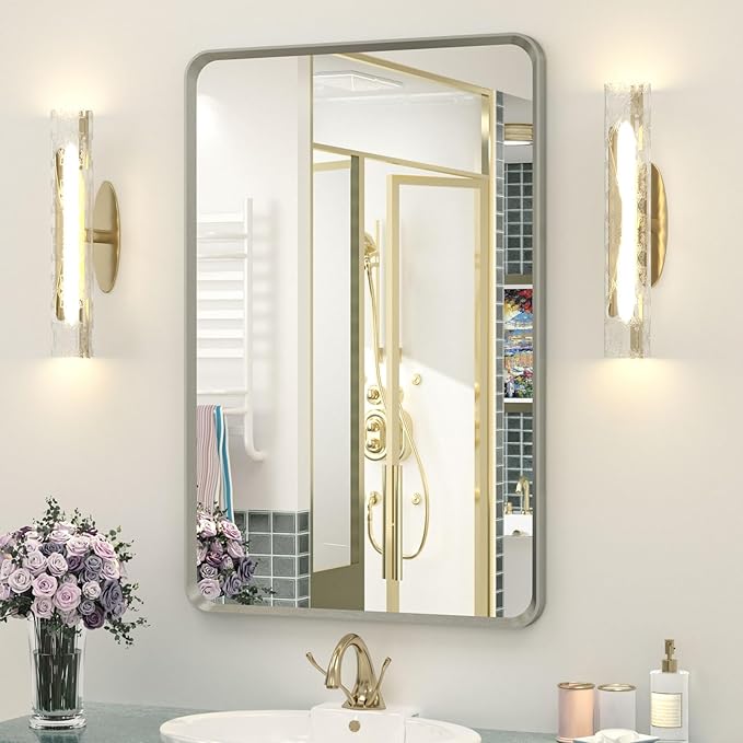 OKPAL Brushed Nickel Mirror 24 x 36 Silver Bathroom Mirror, Rounded Rectangle Silver Vanity Mirror with Brushed Metal Frame, HD Anti-Rust Wall Mirror(Horizontal/Vertical)