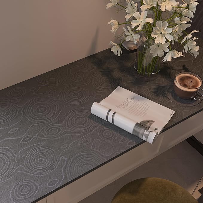 16"x354" Dark Grey Peel and Stick Wallpaper Growth Rings Wood Textured Contact Paper Modern Removable Vintage Self Adhesive Faux Natural Wooden Paper Neutral Matte Vinyl Wrap for Countertop