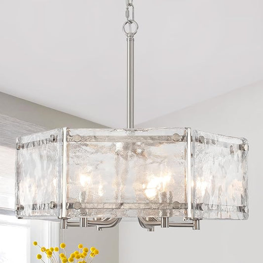 Modern Textured Glass Chandelier,18.7" Luxury Crystal Drum Brushed Nickel Chandeliers, Farmhouse Hexagon Hanging Light Fixture for Dining Room Kitchen Living Room Hallway Bedroom