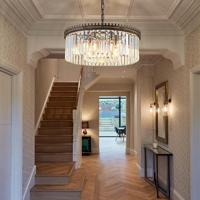 6-Light Crystal Chandelier, 21.6" Modern Farmhouse Crystal Light Fixture, Vintage Antique Bronze Round Hanging Lighting Fixture for Dining Room Foyer Living Room Entryway