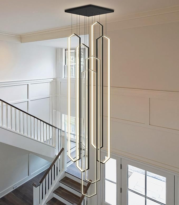 6 Rings Large Chandelier for Staircase Modern High Ceiling Chandelier LED Dimmable Chandeliers for Foyer Living Room Villa Black
