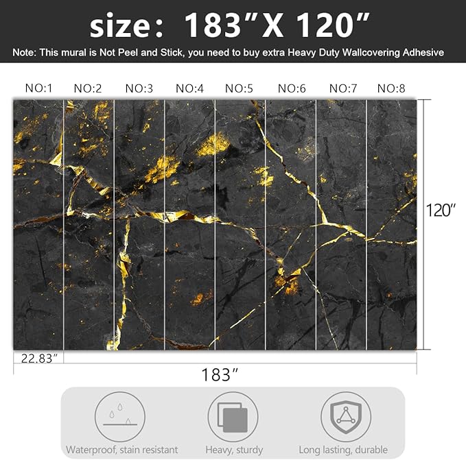 -Black and Gold Marbled Fabric Wallpaper Dark Abstraction Art Living Room Bedroom Bathroom Wall Mural- 183"x120"（ not Peel and Stick）
