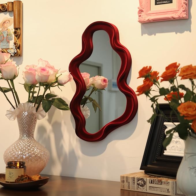 Mirror Wall Decor for Home Office Apartment, Asymmetrical Decorative Mirror for Entryway Porch Fireplace, Irregular Hanging Wall Art Sculpture for Christmas (Wine Red)