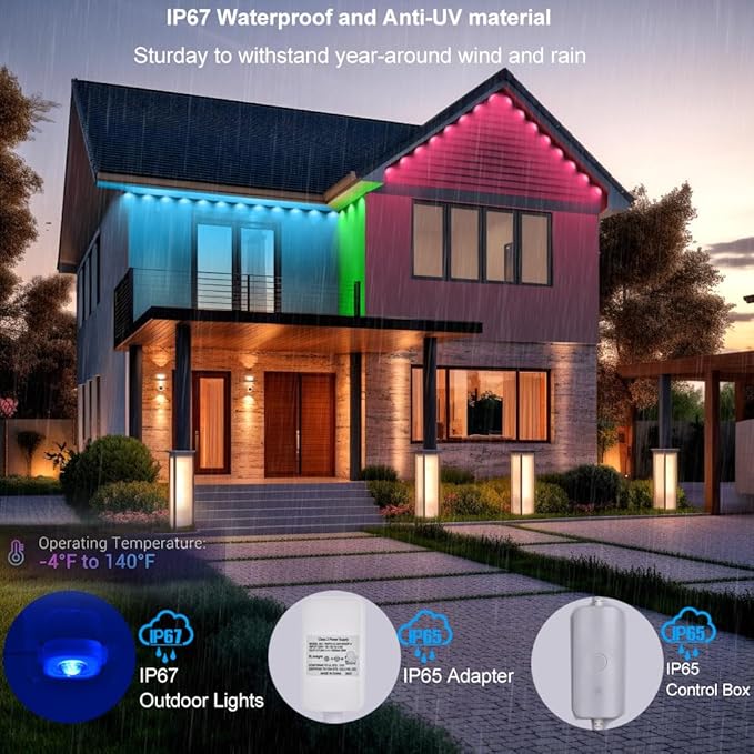 Outdoor Christmas Lights - 50ft Smart RGB+IC Color Eaves Lights with 63 Scene, IP67 Waterproof, Alexa & Google Assistant Voice Control