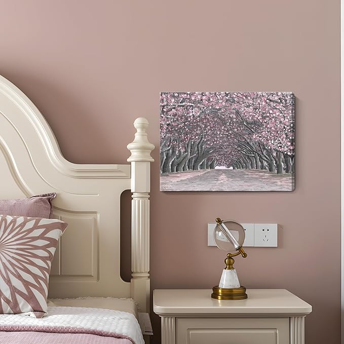 Nicetop Pink Wall Art–Abstract Floral Trees Artwork Canvas Print Romantic Cherry Blossom Nature Forest Path Archway Landscape Picture Decor for Bedroom Girls Room Bathroom, 16x12 Inch