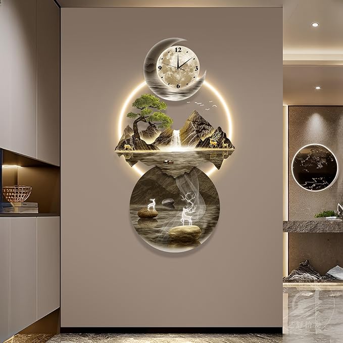 LED Light Art Wall Decor, 3D Art Wall Decor Clock, Decor Wall Sculptures with Lights, Modern Home Decor Landscape Wall Sculpture, Plug-in Power Supply, Gold B, 19x39IN