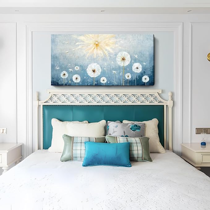 Nicetop Large Canvas Wall Art for Living Room- Floral Landscape Artwork Gallery Wrapped Nature Wildflower Dandelion Print Botanical Flower Picture Bedroom Office Decor,Blue and White, 48x24 Inch