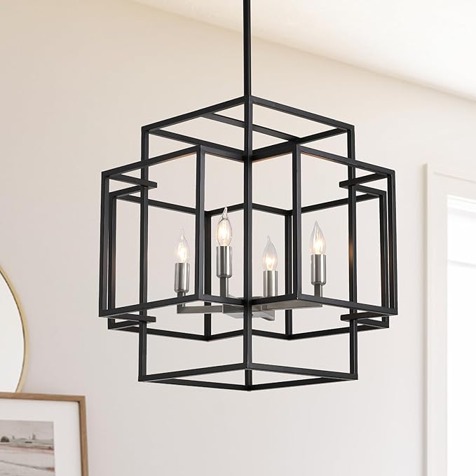 4-Light Metal Lantern Tiered Pendant Hanging Light Fixtures, Industrial Farmhouse Chandeliers for Entryway, Dinning Room Chandelier for Kitchen Island Foyer Hallway, Black & Brushed Nickel