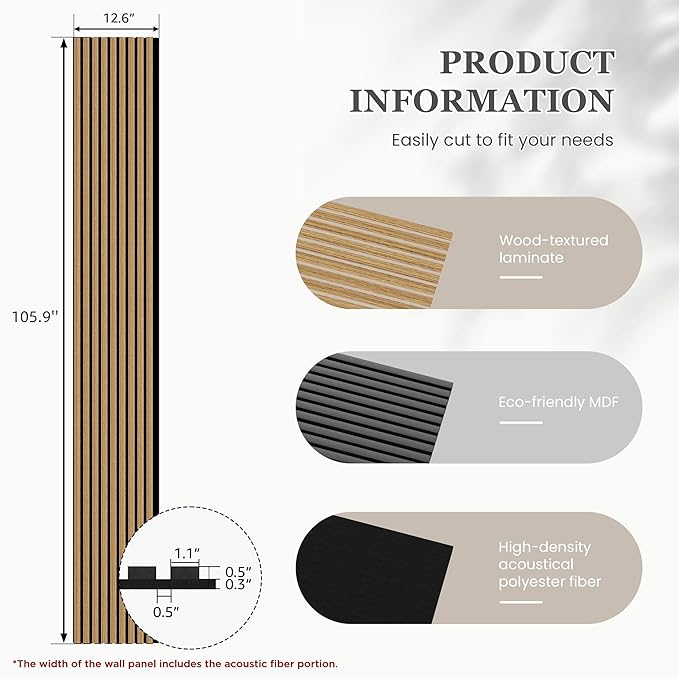 2 Pack 105.9" x 12.6" x 0.8" Acoustic Wall Panels Sound Absorbing, Wood Slat Wall Panels for Wall Decor, Soundproof Wood Wall Panels, Teak