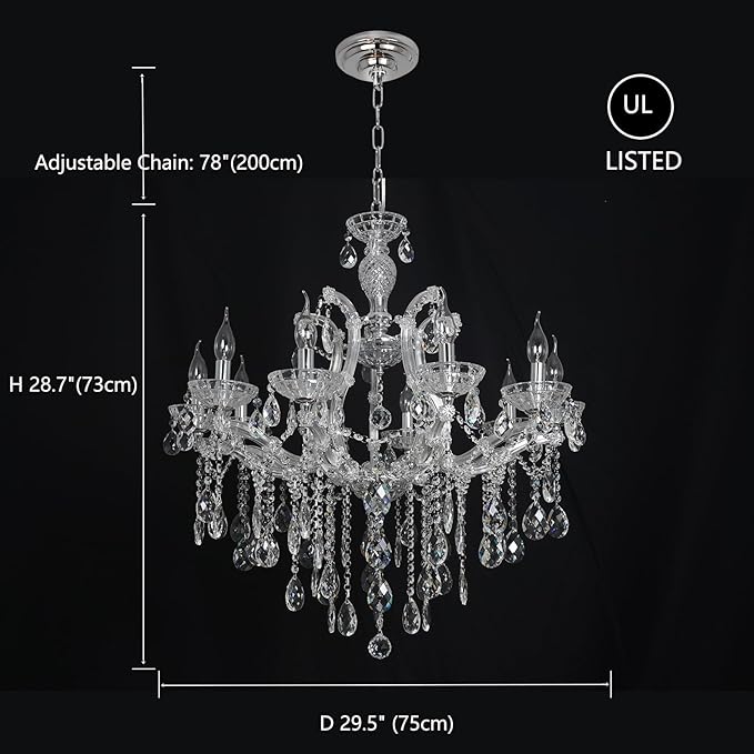 Modern Crystal Chandelier Light Maria Theresa Clear Chrome Chandeliers 10-Light Candle Hanging Light Fixture for Bedroom Princess, Dining Room, Living Room, Entryway D29.5