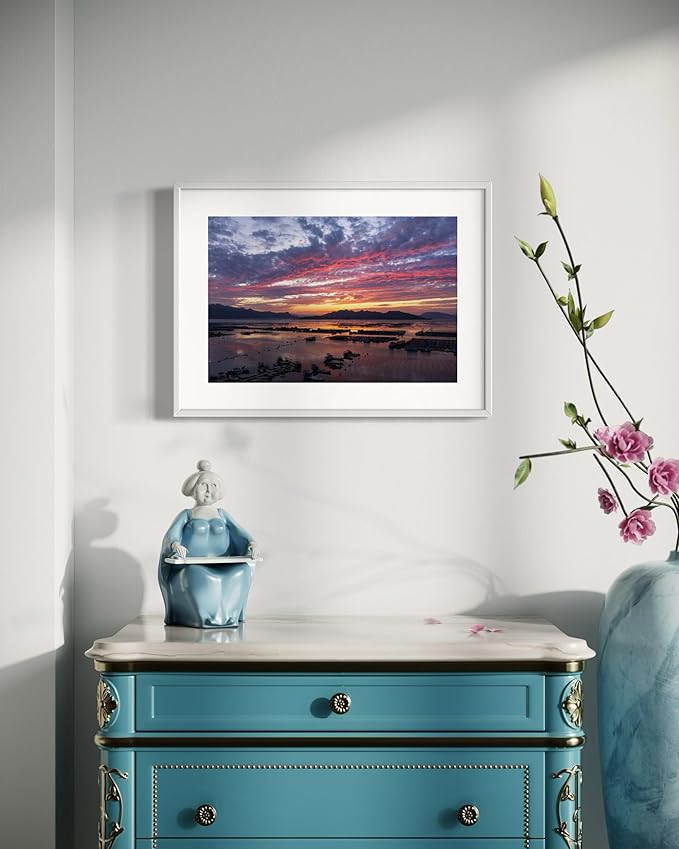 Oriental Beauty: Stunning Feng Shui Landscape Wall Art Prints for Home Decor in 3 Sizes (Serene Sunset Over a Coastal Fishing Village, 12" x 18")
