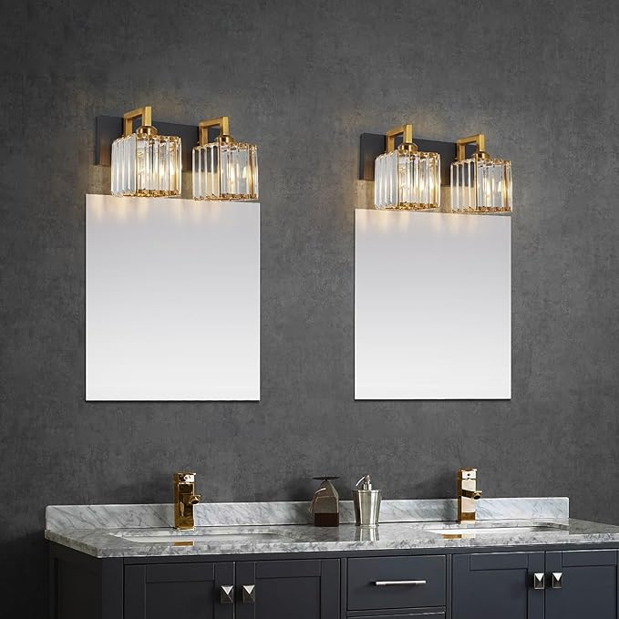 Modern Bathroom Vanity Light 2-Lights Black Gold Crystal Wall Lamp Bathroom Modern Crystal Vanity Lighting