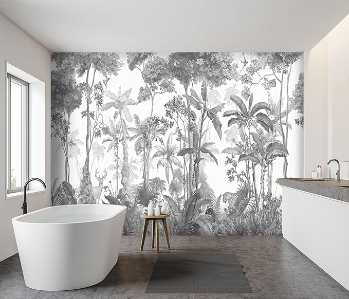 -Grey Jungle Botanical Animal Banana Leaf Fabric Wallpaper Living Room Tropical Plant Forest Leaf Wallpaper Bedroom Bathroom Large Wall Mural- 137"x96"（ not Peel and Stick）
