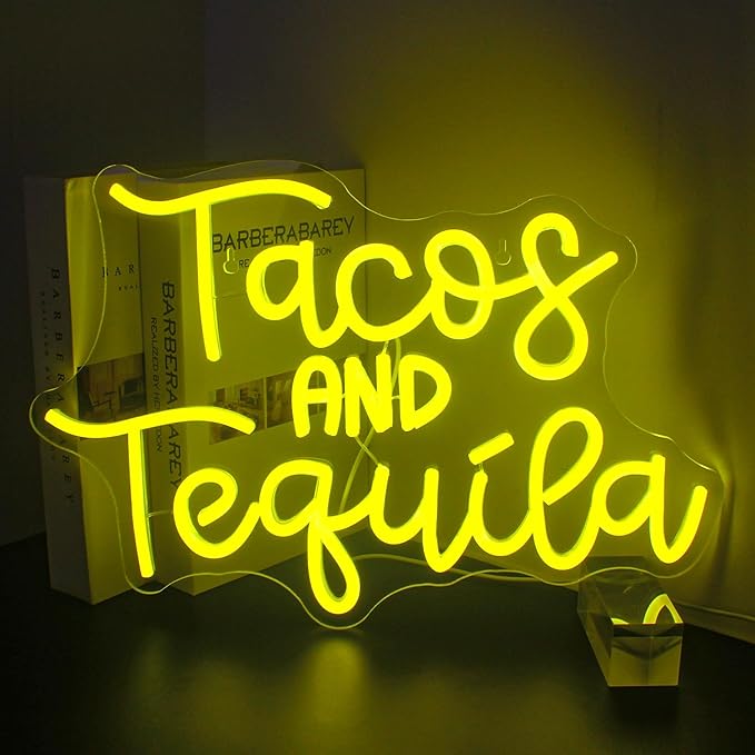 Looklight Tacos and Tequila Neon Sign,Taco Led Neon Signs for Wall Decor,Lemon-yellow Neon Light Sign,Letters USB Connectivity Neon Light Up Sign for Fast Food Shop Bar Kitchen Mexican Restaurant