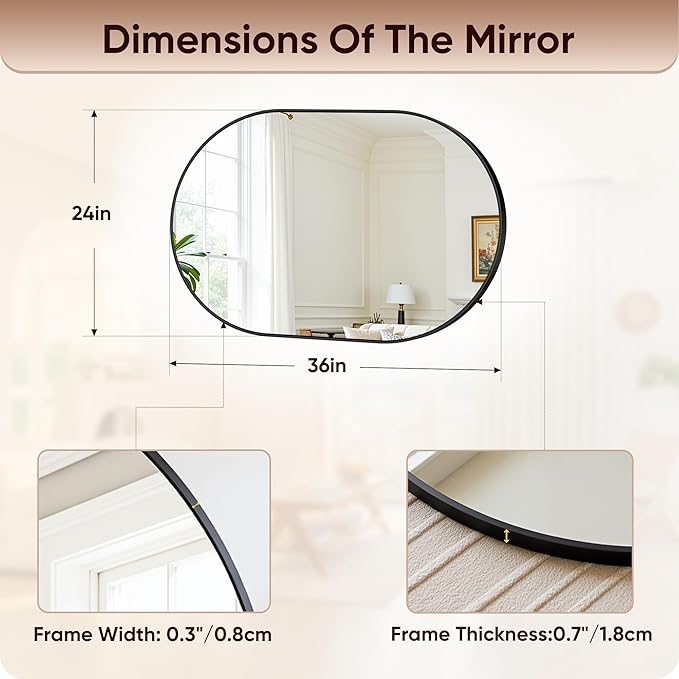Antok Wall Mirror, 24"x36" Bathroom Vanity Mirror, Anti-Rust HD Tempered Glass, Wall Mounted Mirrors for Living Room, Entryway, Black Frame, Oval