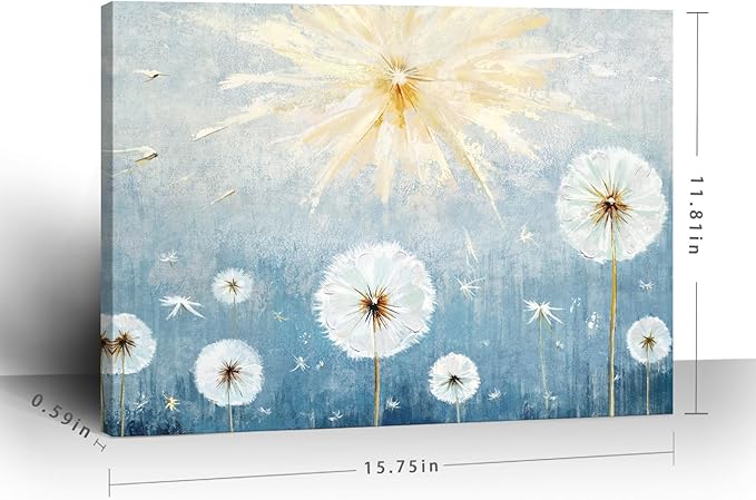 Nicetop Floral Canvas Wall Art – Blue Botanical Dandelion Picture, Inspirational Nature Art Print Wildflower Artwork for Bathroom Bedroom Office or Small Living Room, Rustic Decor16x12 Inch