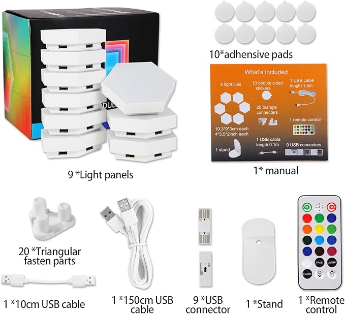 9-Pack Hexagon Lights, Remote and Touch Controlled RGB Wall Light Panels - LED Panels for Living Room, Bedroom, Game Room Decor - Double-Sided Tape and Tabletop Stand Included