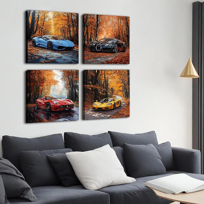 Car Poster Fall Forest Wall Art Framed Car Wall Decor for Teen Boys Man Bedroom Décor Sports Posters Ferrari Lamborghini McLaren Bugatti Canvas Pictures for Office Living Room Decorations Toddler Gift