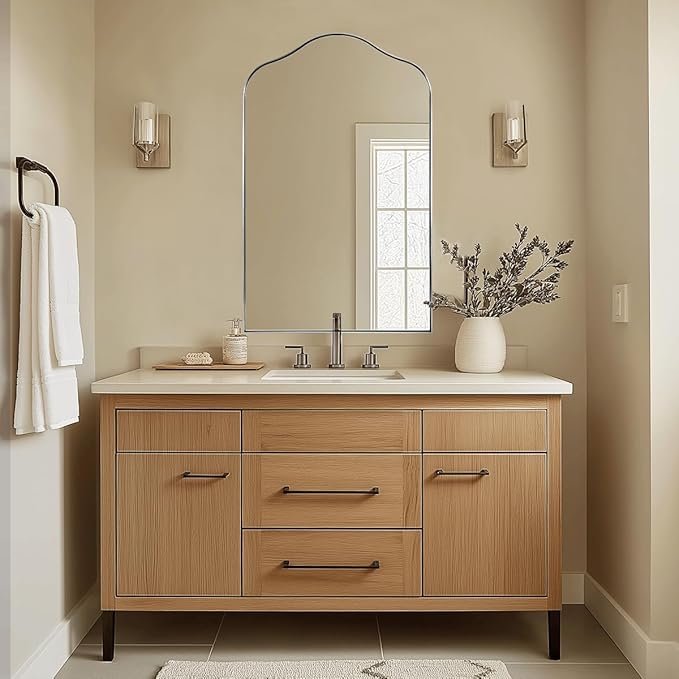 ANDY STAR Scalloped Arched Mirror, 24x38 Brushed Nickel Irregular Bathroom Mirror for Vanity, Asymmetrical Curved Top with Anti-Rust Stainless Steel Frame, for Entryway, Bedroom, Mantel, Fireplace