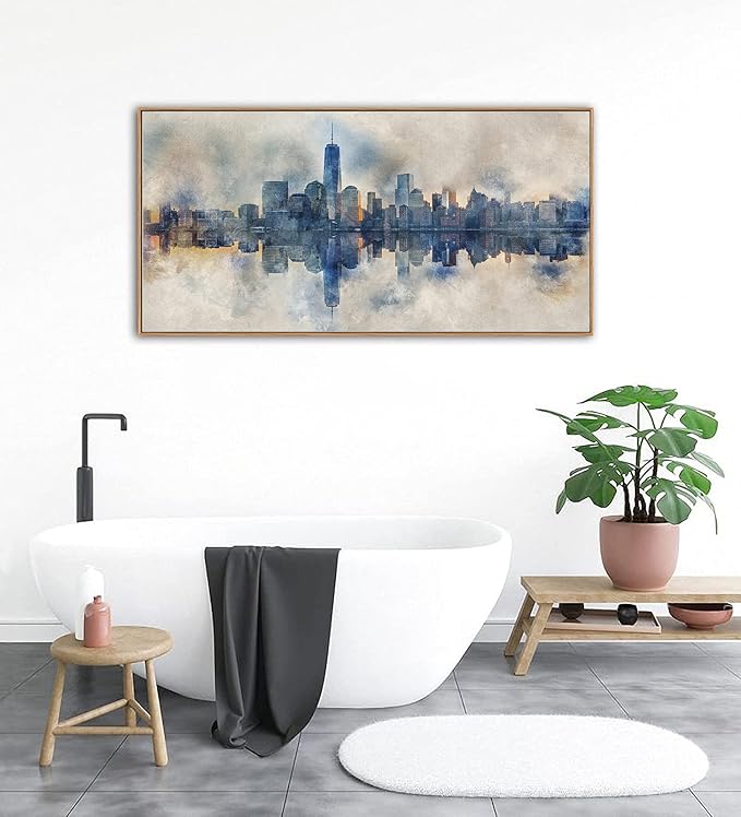 NYC Framed Canvas Wall Art Abstract Painting Wall Decor Indigo Blue Gray Panoramic Art Print New York Skyline Reflection Pictures Artwork Modern City Landscape Living Room Bedroom Decoration 24" x 48"