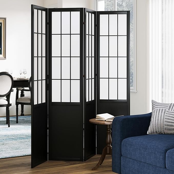 5.6FT Room Divider and Folding Portable Partition Screen, Chinese Japanese Shoji Style for Room Separation - 4 Panel (Black)