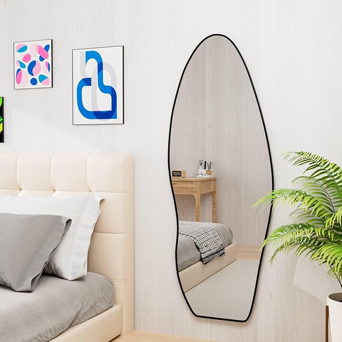 63" X 24" Full Length Mirror Full Body Wavy Mirror Aluminum Alloy Frame Large Wall-Mounted Dressing Hanging or Leaning Against Irregular Wall Mirrors for Living Room Bedroom (Black, 63"x 24")