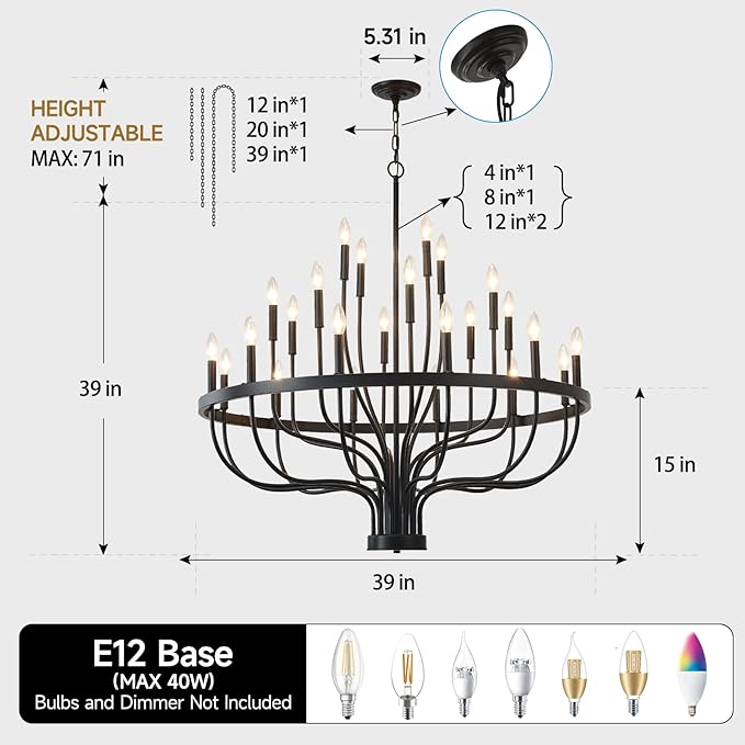 24-Light Black Chandelier, 40" Large Farmhouse Chandeliers for High Ceilings, Vintage Rustic Candle Chandelier for Dining Room Foyer, Modern Industrial Pendant Light for Living Room Entryway