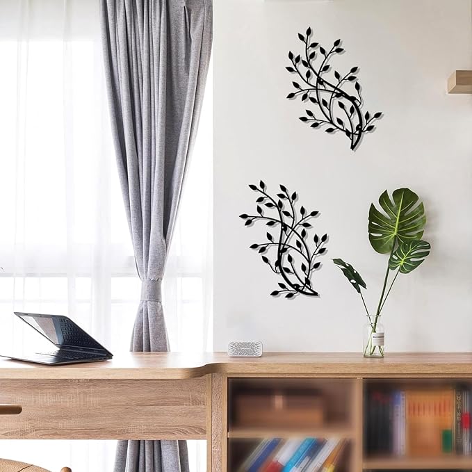 2 Pieces Metal Tree Leaf Wall Decor Vine Olive Branch Leaf Wall Art Wrought Iron Scroll Sculptures Home Decor Above The Bed,Branches Hanging Wall Decor for Livingroom and Outdoor(Black)