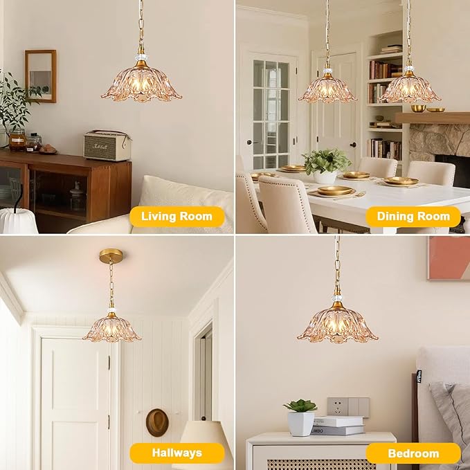 1 Piece Vintage Chandelier Light Fixture with Amber Glass Shade,Matte Antique Brass Finish Pendant Light,Hanging Light for Dining Room,Hallway,Living Room,Bedroom
