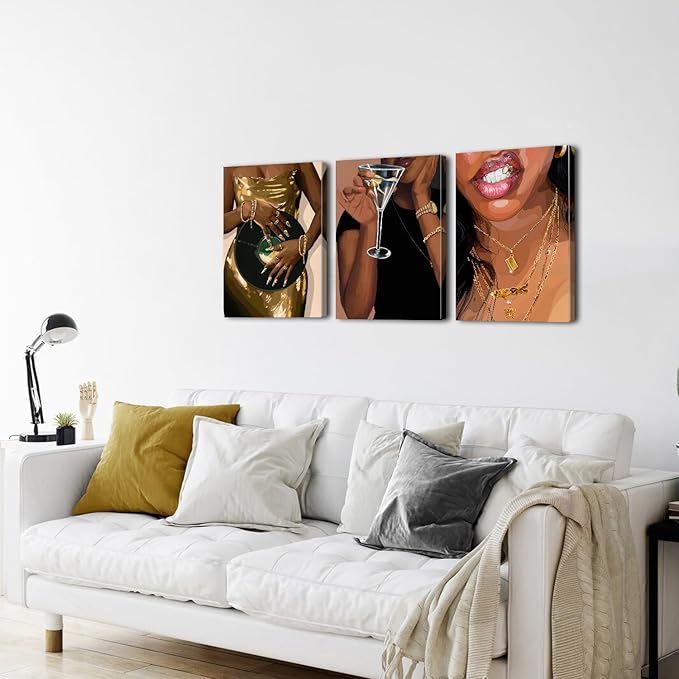 Black Woman Wall Art Set of 3, Trendy African American Women Painting Black Girl Song Lover Canvas Poster Prints Aesthetic Picture for Girls room Decor Female Bedroom Living Room Home Decoration 16x24
