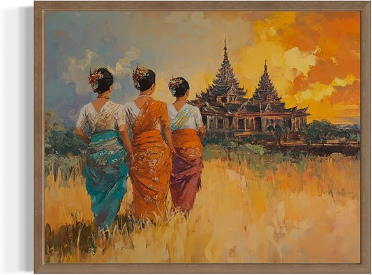 Myanmar Art Print Poster, Asia Oriental Countries Culture Wall Art Asian Paintings for Bedroom Bathroom Living Room Decor 97 (Myanmar, 11 x 14 inches, Wood Frame)