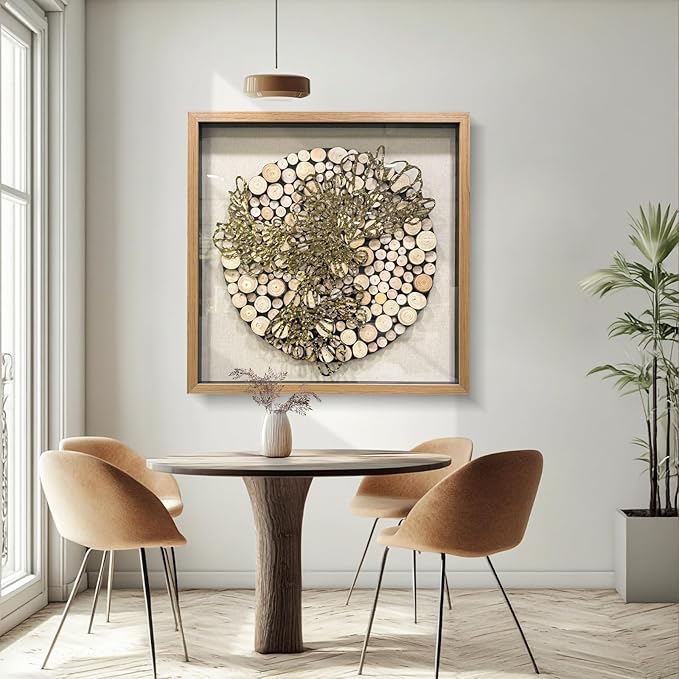BrightA 3D Textured Wood Block Wall Art - Hand-Assembled Timber Base with Golden Vine Metal Accents, Tempered Glass & Solid Wood Frame Contemporary Decorfor Living Room Office 31.5"x31.5"
