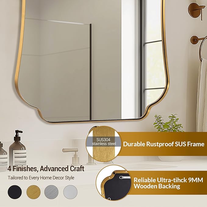 ANDY STAR 24"x32" Gold Mirror, Brushed Brass Scalloped Wall Mirror, Bathroom Wall Mirror with Stainless Steel Metal Framed Ideal for Bedroom, Hallway