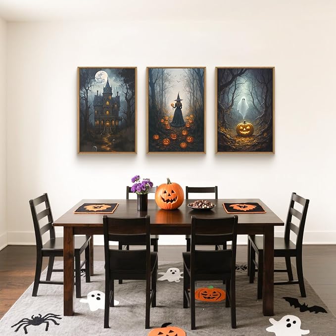 Ausril Halloween Moon Castle Framed Canvas Wall Art Set, Scary Dark Forest Witch Wall Decor, Cute Ghost Wall Painting, Pumpkin and Bats Art Prints for Gothic Party, living room, Club -24"x36"x3