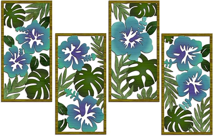 4 Pcs Tropical Wall Decor Cutout Wooden Palm Leaf Wall Art Minimalist Monstera Sculptures Wood Hibiscus Flowers Hanging Decor Vintage Plant Plaque for Home Bathroom Office (Fresh)
