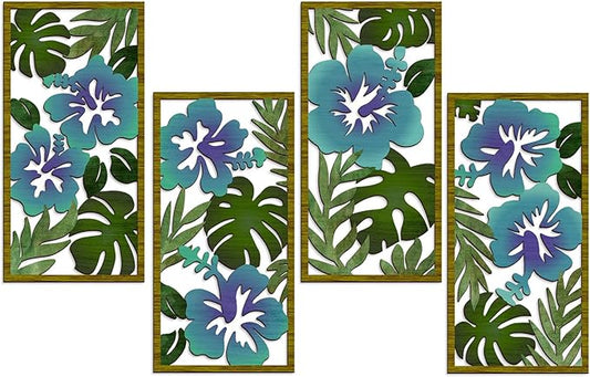 4 Pcs Tropical Wall Decor Cutout Wooden Palm Leaf Wall Art Minimalist Monstera Sculptures Wood Hibiscus Flowers Hanging Decor Vintage Plant Plaque for Home Bathroom Office (Fresh)