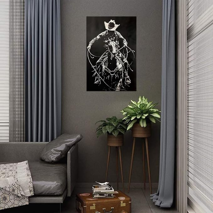Black White Western Cowboy Canvas Wall Art Vintage Southwestern Wall Decor Prints Poster Pictures for Bedroom Bathroom Living Room Office Home Decortion Framed(28L" x 44W")