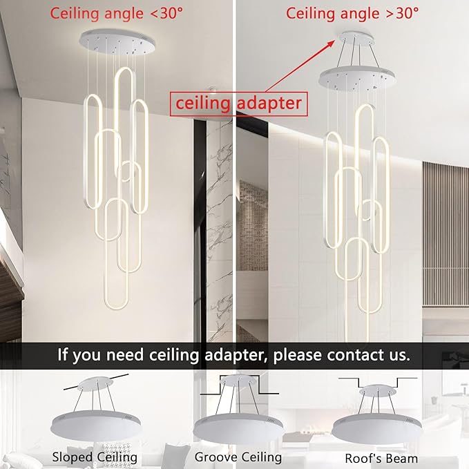 6 Rings Modern Chandelier LED Dimmable Pendant Lighting High Ceiling Chandelier for Entrance Foyer Lobby Staircaes Sliver 118''