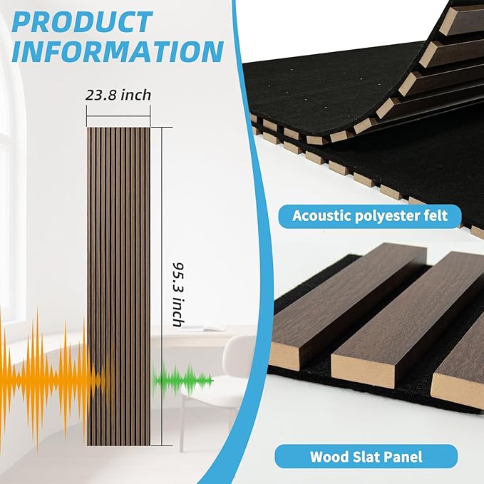 Art3d Acoustic Wood Slat Wall Panel with Roll-Flat Design - 95.3 x 23.8 Inch Sound Absorbing Panels for Living Room Columns Corridor Curved Wall Decor, 1-Pack Walnut