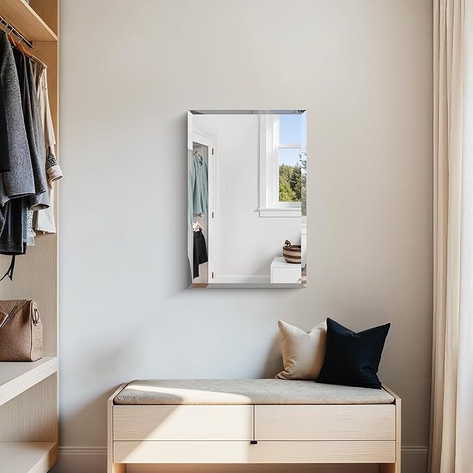 KOCUUY Frameless Bathroom Mirror, 16x24 Inch Beveled Mirror for Over Sink, Upgraded Shatterproof Unframed Design with Beveled Edge Mirror for Bathroom, Bedroom, Entryway, Hang Horizontal/Vertical