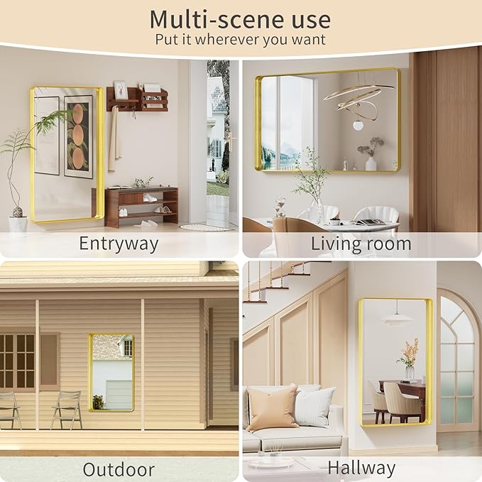 Koonmi Gold Wall Mirror for Bathroom, 36x60 Inch Matte Deep Framed Rounded Rectangle Vanity Mirror for Farmhouse Living Room, Tempered Glass, Anti-Rust, Vertically or Horizontally