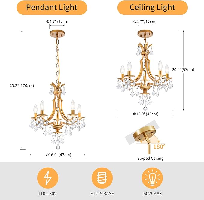 5-Light Crystal Maria Theresa Chandeliers, Pendant Light Fixture for Dining Room, Living Room, D17 x 21~69" (Adjustable Height), Clear Crystal & Gold Finish Frame