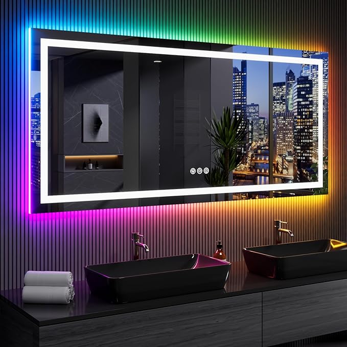 LOAAO 77"X36" LED Bathroom Mirror with Lights, Anti-Fog, Dimmable, RGB Backlit + Front Lighted, Bathroom Vanity Mirror for Wall, Memory Function, Waterproof, Tempered Glass