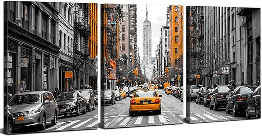 Black and White Nyc Wall Art Living Room Bedroom Wall Decor Cityscape Orange Taxi Framed Canvas Contemporary Street Car Poster Print City Photography Photo Man Bathroom Interior Decoration 24x36 3pcs