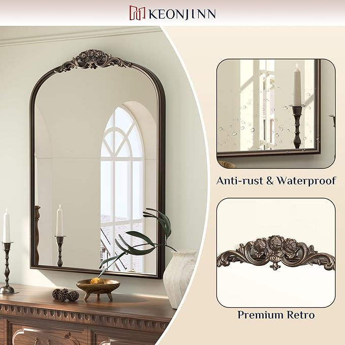 Keonjinn Vintage Mirror for Wall, 36" x 30" Bronze Antique Mirrors with Metal Frame, Baroque Style Decoration for Mantle, Bathroom, Living Room, Fireplace, Bedroom, French Cleat Mounting