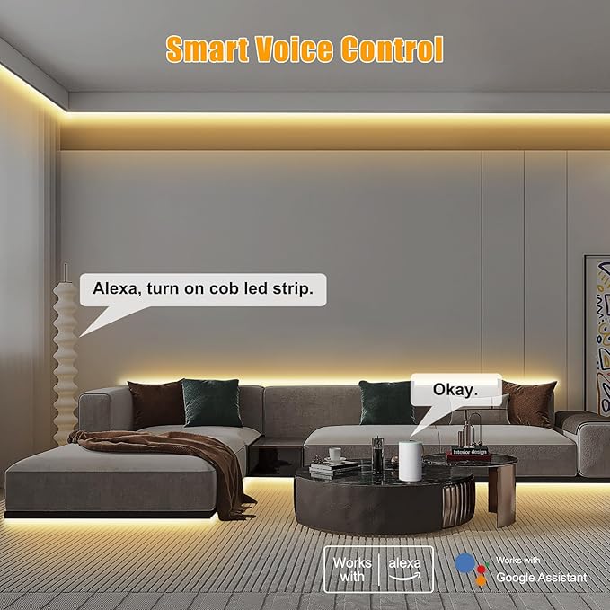 16.4ft Tunable White Smart COB Led Strip Light Kit, CCT 2700K-6500K Bright COB Led Tape Light Compatible with Alexa and Google, Dimmable Indoor COB Led Ribbon for Kitchen Cabinet, Room, TV