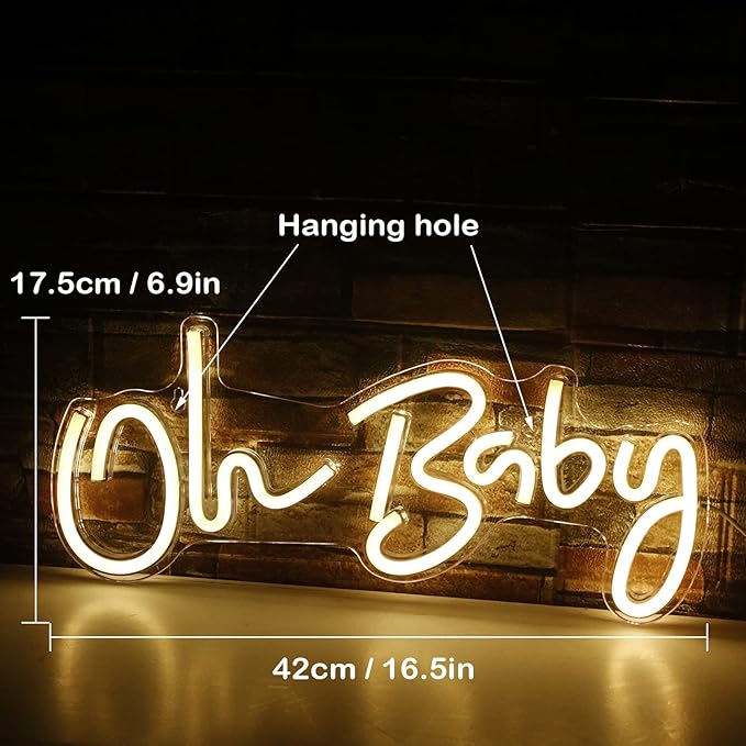 Lucunstar Neon Light Oh Baby Warm White Neon Sign for Wall Decor Neon Lights Sign Oh Baby Word LED Neon for Nursery Bedroom Game Room Club Bar Wedding Party Room Decor(16.5"X6.9")