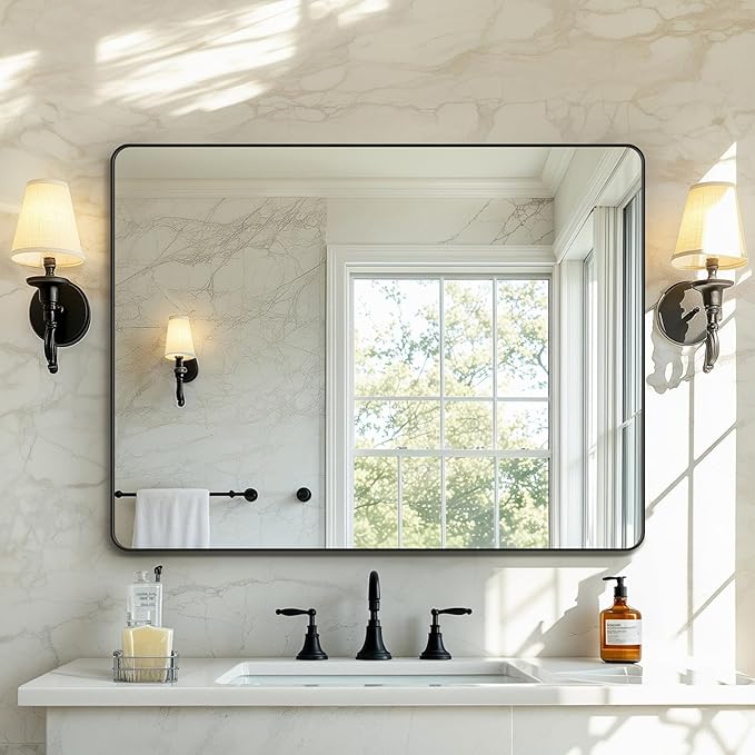 Kosmonia 40x30 Bathroom Vanity Mirror for Wall, Aluminum Framed, Farmhouse Rectangle, Anti-Rust, HD Reflection Anti-Desilvering, Distortion Free, Tempered and Shatter-Proof Wall Mounted Mirror, Black